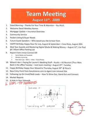 Realtor Icons Team Meeting Agenda Notes - Prudential Gary Greene Realtors, The Woodlands TX / August 11th, 2009