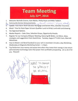 Team meeting agenda notes july 21 2014