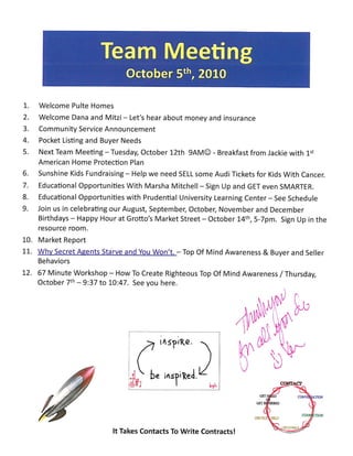 Team Meeting Agenda Notes - Prudential Gary Greene, Realtor Icons / The Woodlands TX / Oct 5th 2010