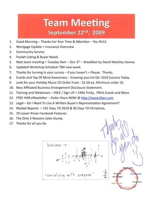 Team Meeting Agenda Notes September 22nd, 2009 Prudential Gary Greene Realtor Icons The Woodlands Tx