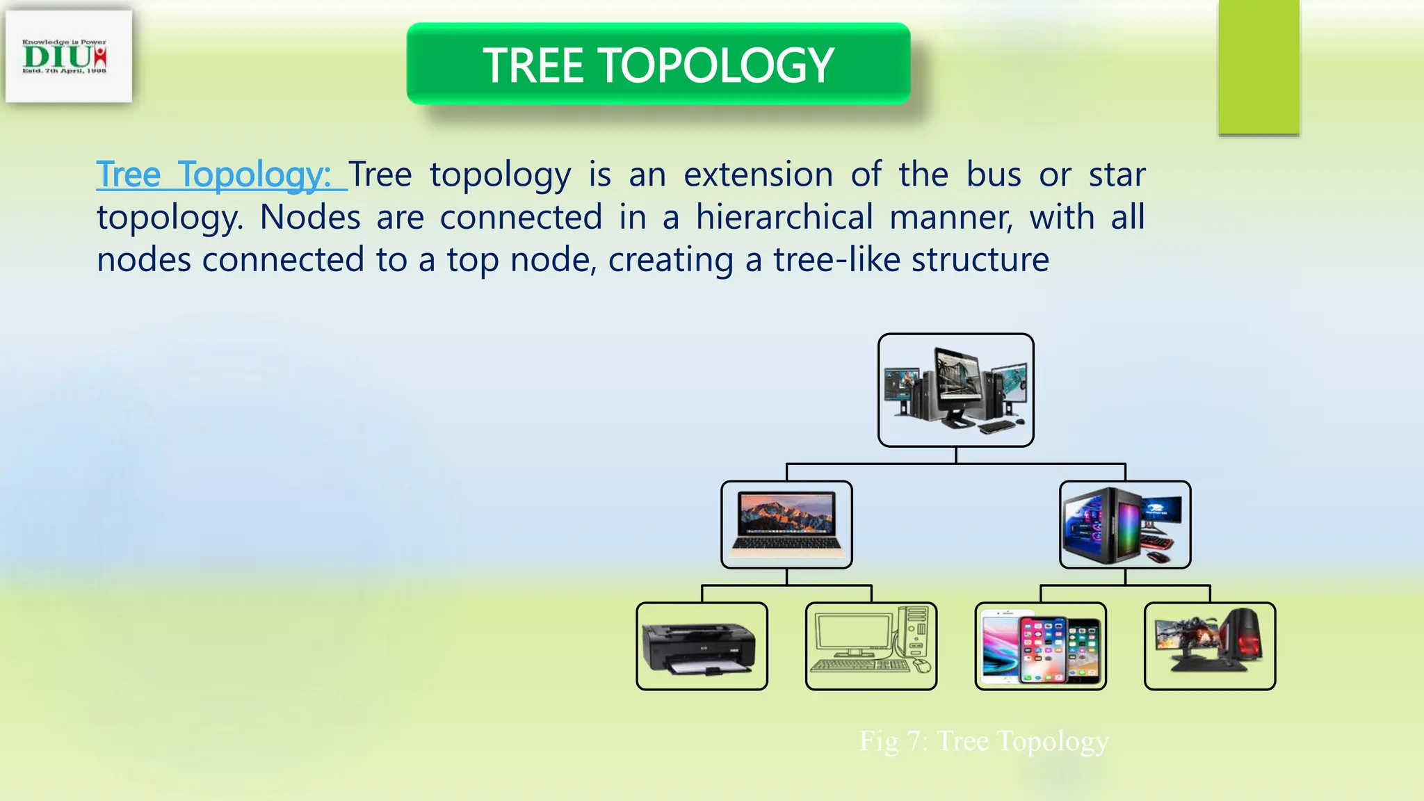 TREE TOPOLOGY
Tree Topology: Tree topology is an extension of the bus or star
topology. Nodes are connected in a hierarchical manner, with all
nodes connected to a top node, creating a tree-like structure
Fig 7: Tree Topology
 