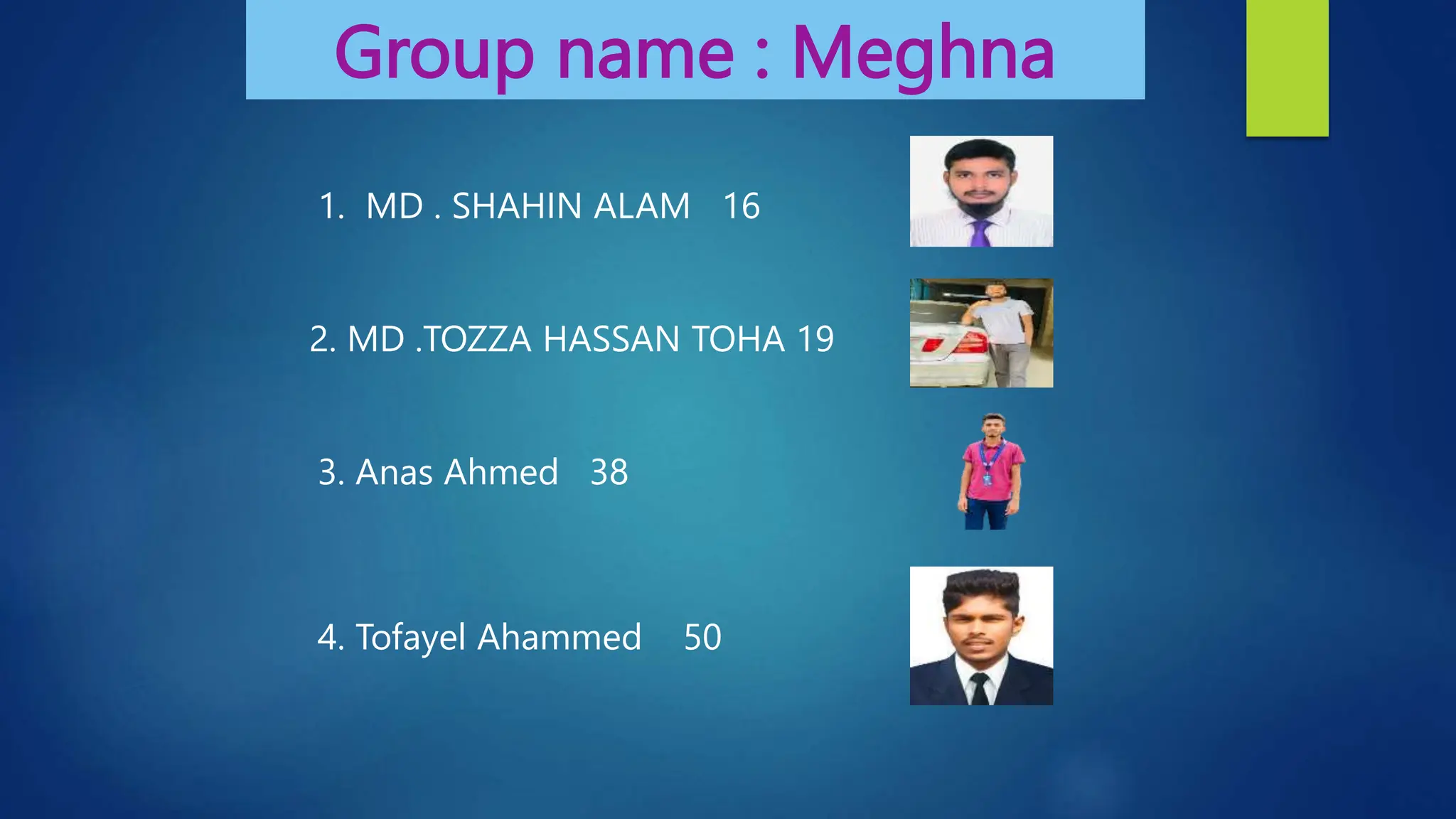 Group name : Meghna
1. MD . SHAHIN ALAM 16
2. MD .TOZZA HASSAN TOHA 19
3. Anas Ahmed 38
4. Tofayel Ahammed 50
 