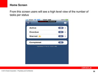 30
Home Screen
From this screen users will see a high level view of the number of
tasks per status
© 2012 Oracle Corporation – Proprietary and Confidential
 