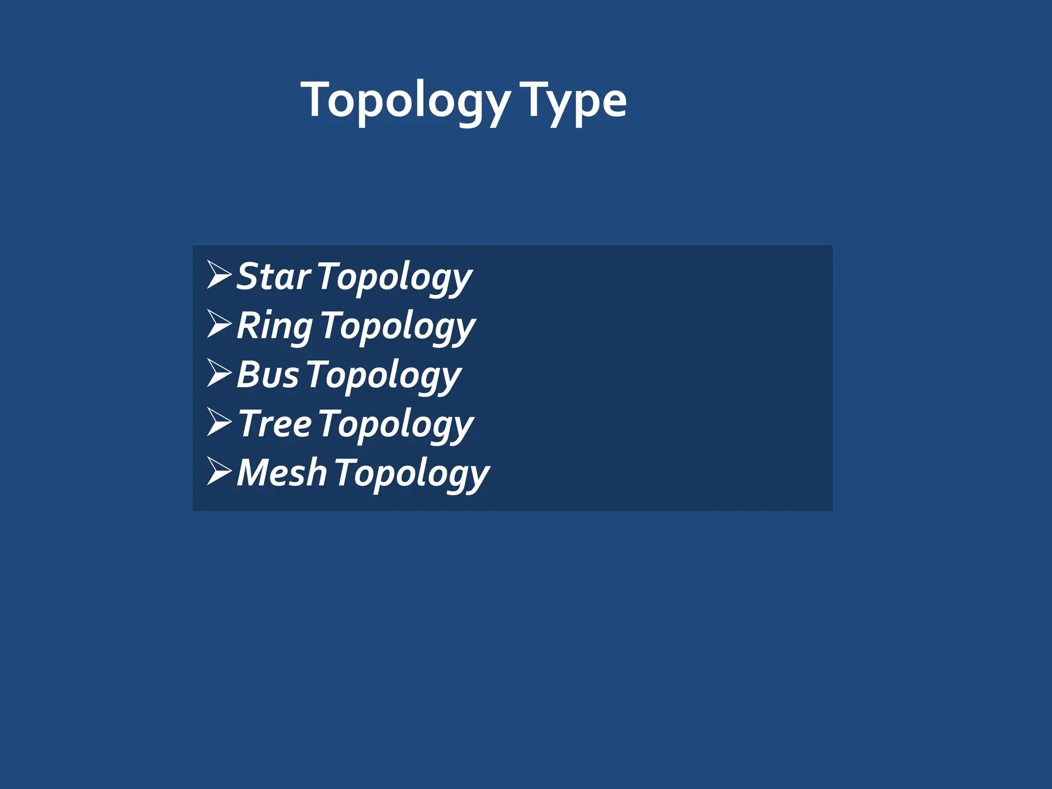 TopologyType
StarTopology
RingTopology
BusTopology
TreeTopology
MeshTopology
 