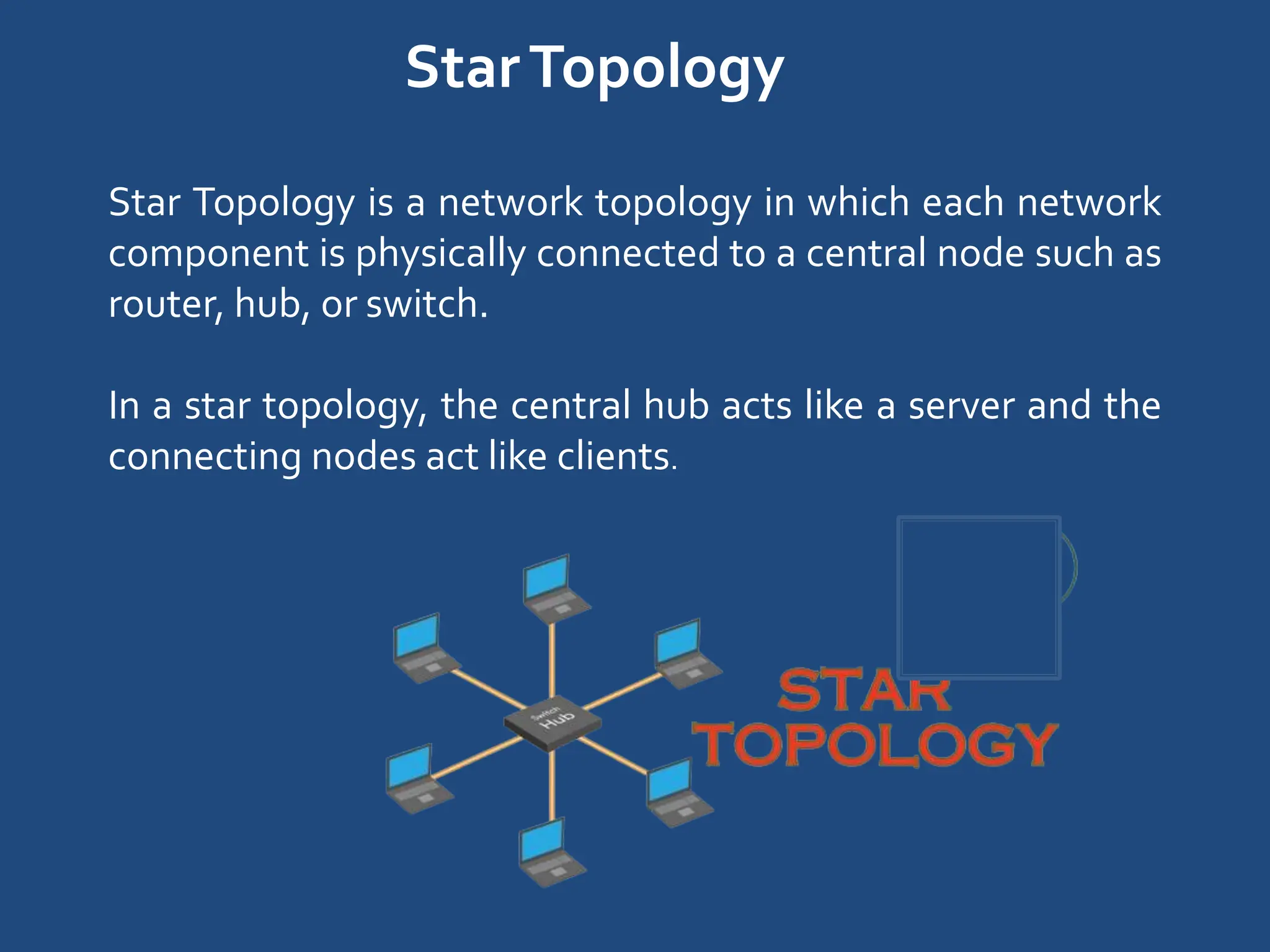 StarTopology
Star Topology is a network topology in which each network
component is physically connected to a central node such as
router, hub, or switch.
In a star topology, the central hub acts like a server and the
connecting nodes act like clients.
 
