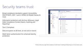 Security teams trust
Broad compliance standards support: Accessibility,
ISO27018/01, SOC 1 and 2, HIPAA, EU Model Clauses &
more
Information protection with Archive, eDisovery, Legal
Hold, Compliance Content Search, Auditing and
Reporting1
Tier-C Compliant
Data encryption at all times, at-rest and in-transit.
Multi-factor authentication for enhanced identity
protection.
1 Archive, eDiscovery, Legal Hold, Compliance Content Search, Auditing and Reporting are in E3 and above suites.
 