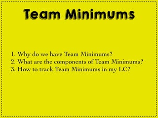 Team Minimums
1. Why do we have Team Minimums?
2. What are the components of Team Minimums?
3. How to track Team Minimums in my LC?
 