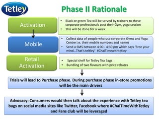 Phase II Rationale
• Black or green Tea will be served by trainers to these
corporate professionals post their Gym, yoga session
• This will be done for a week
Activation
Trials will lead to Purchase phase. During purchase phase in-store promotions
will be the main drivers
Advocacy: Consumers would then talk about the experience with Tetley tea
bags on social media sites like Twitter, Facebook where #ChaiTimeWithTetley
and Fans club will be leveraged
• Collect data of people who use corporate Gyms and Yoga
Centre i.e. their mobile numbers and names
• Send a SMS between 4:00 - 4:30 pm which says ‘Free your
mind...That’s teltley’ #ChaiTimewithtetley
Mobile
• Special shelf for Tetley Tea Bags
• Bundling of two flavours with price rebates
Retail
Activation
 