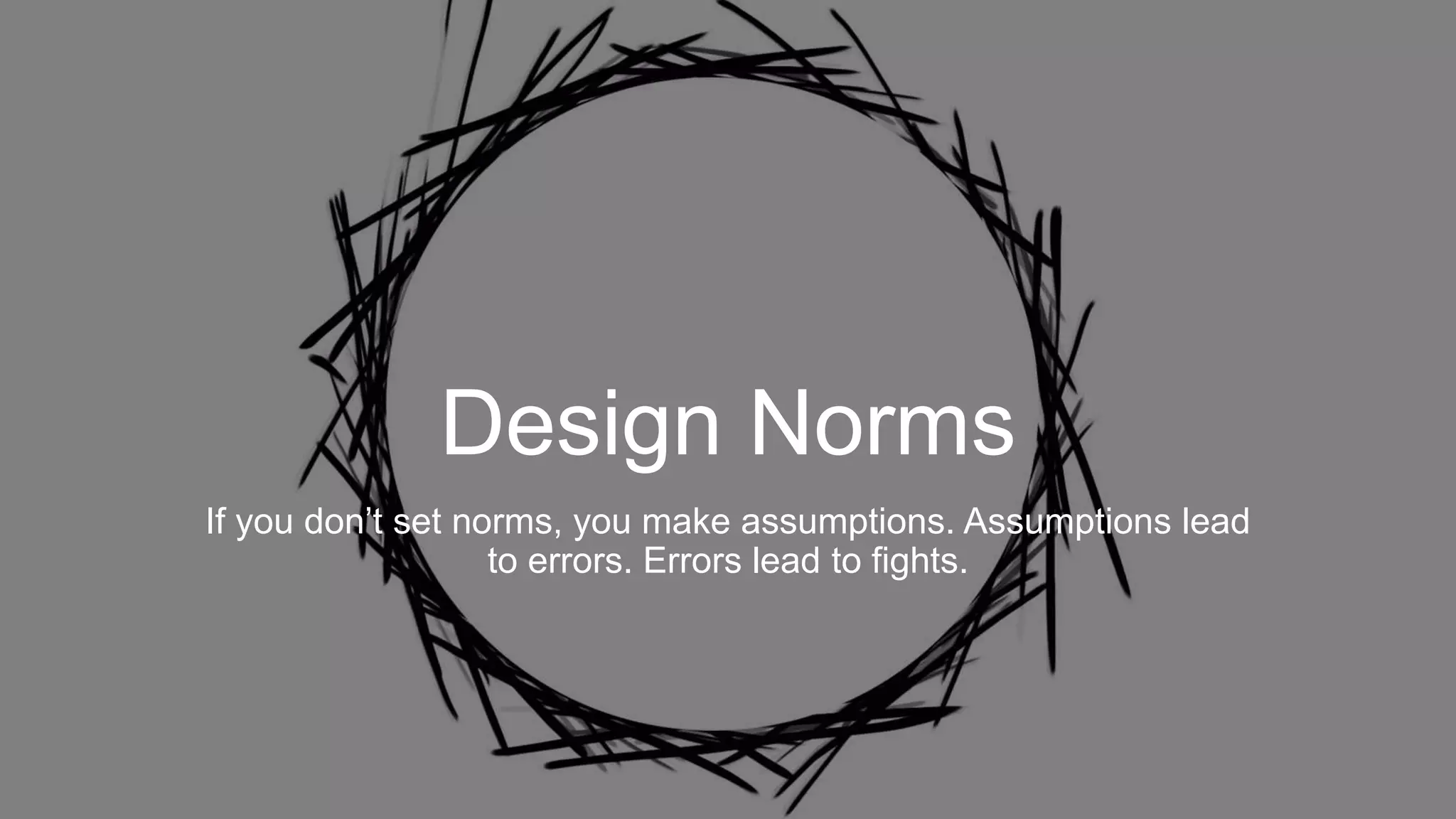 Design Norms
If you don’t set norms, you make assumptions. Assumptions lead
to errors. Errors lead to fights.
 