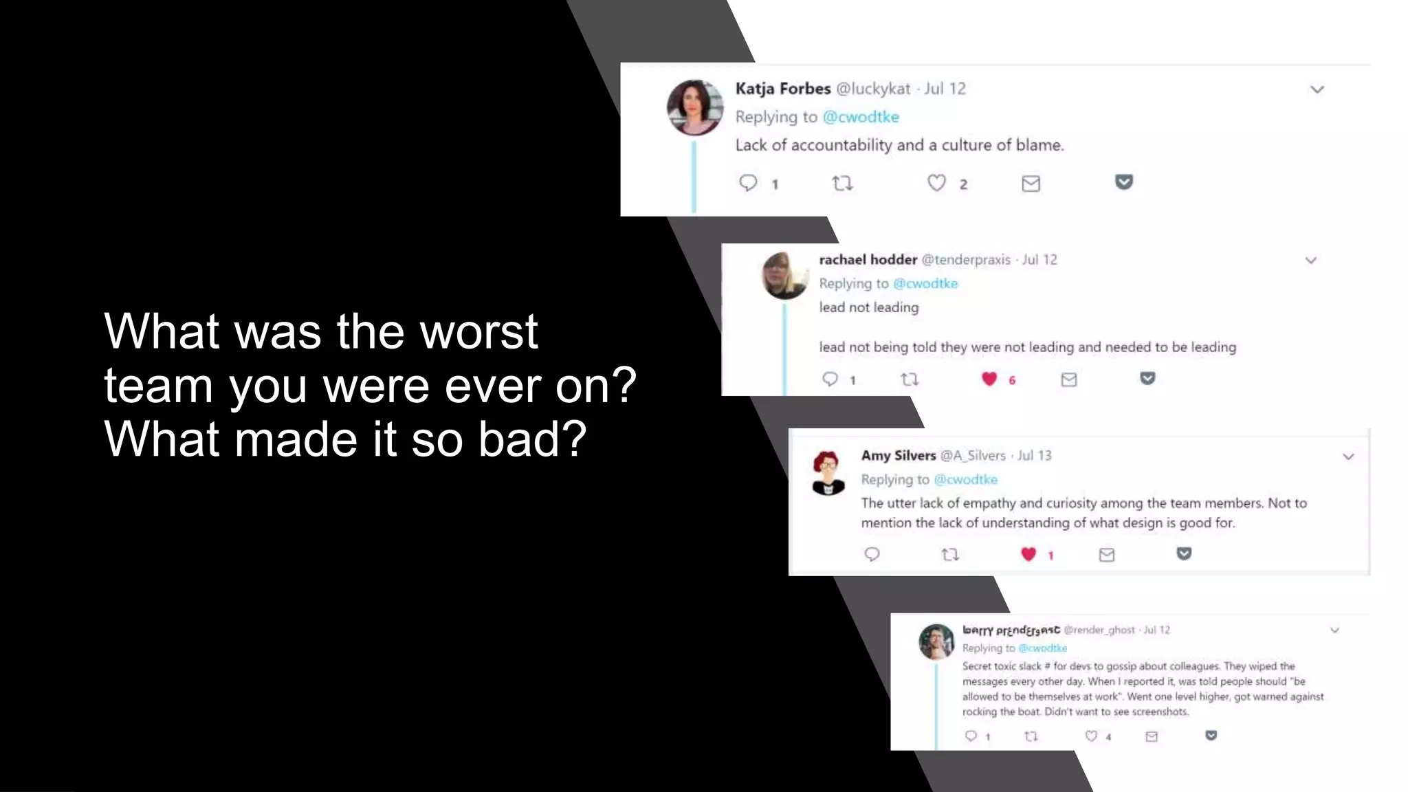 What was the worst
team you were ever on?
What made it so bad?
 