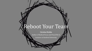 Reboot Your Team
Christina Wodtke
Author of Radical Focus and Pencil Me In
Lecturer at Stanford University
 