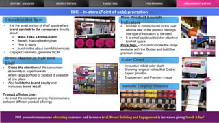POS promotions ensures educating customer and increase trial. Brand Building and Engagement is increased giving ‘touch & feel’
IMC – In-store (Point of sale) promotion
Education Hot Spot
• It is the small portion of shelf space where
brand can talk to the consumers directly
about
• Make it like a Home-Salon
• Benefit: Natural looking hair
• How to apply
• burst myths about harmful chemicals
• Engage Customers, generate WOM
Brand Header at Hair care
Shelf
• Grabs the attention of the consumers
especially in supermarkets
where large portfolio of product is available
at one place
• Also builds the brand equity and
increases brand recall
Product offering chart
- to avoid the confusion among the consumers
between different product offerings
Sample Display Strands
CONTEXT ANALYSIS TARGETING POSITIONING BRANDING STRATEGYSEGMENTATION
• In order to communicate to the user
what is new in the product offerings
this type of indicators to be used
• It is small cardboard sticker attached
to shelf space.
Price Tags – To communicate the range
available with the Godrej and build the
premium image
New Product Launch
Indicators
Color Chart
• Innovative rolled color chart
• Showing range of colors that Godrej
Expert provides
• Engagement and Premium image
 