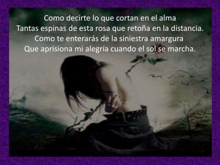 Como decirte lo que cortan en el alma
Tantas espinas de esta rosa que retoña en la distancia.
Como te enterarás de la siniestra amargura
Que aprisiona mi alegría cuando el sol se marcha.

 