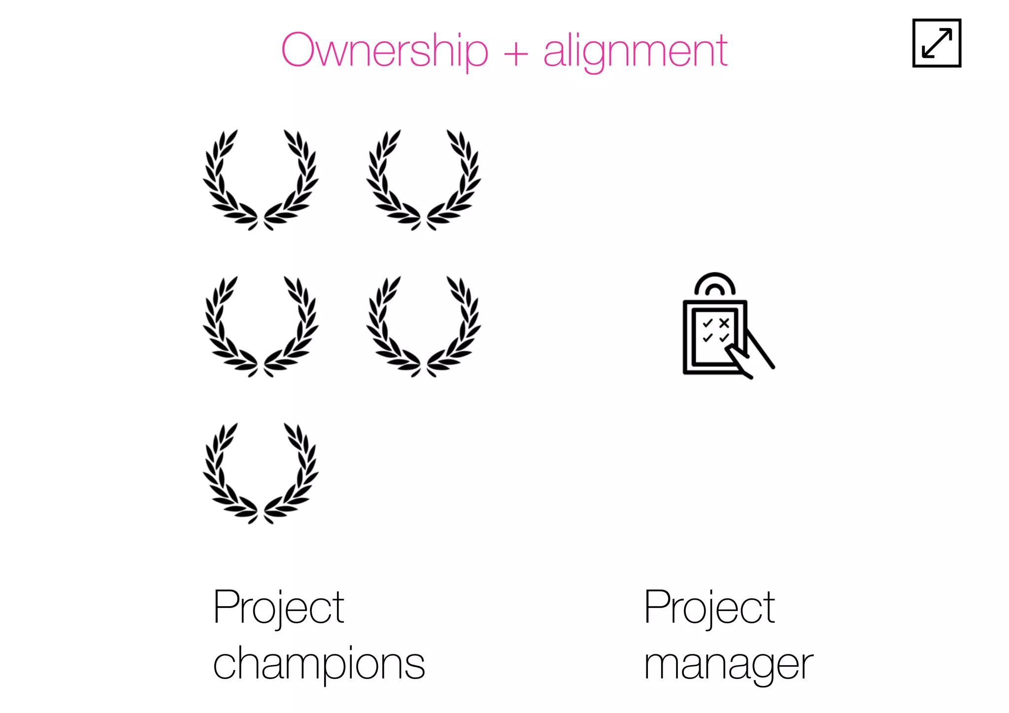 Ownership + alignment
Project
champions
Project
manager
 