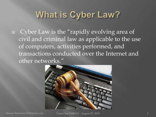 What is Cyber Law? Cyber Law is the “rapidly evolving area of civil and criminal law as applicable to the use of computers, activities performed, and transactions conducted over the Internet and other networks.”Source: Business Dcitionary.comTeam One I!MBA11 - August 23, 20102