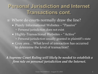 Personal Jurisdiction and Internet Transactions cont.Where do courts normally draw the line?Purely Informational Websites – “Passive”Personal jurisdiction does not existHighly-Transactional Websites – “Active”Personal jurisdiction usually granted in plaintiff’s stateGray area… What level of interaction has occurred to determine the level of transaction?A Supreme Court Ruling will likely be needed to establish a firm rule on personal jurisdiction and the Internet.Team One I!MBA11 - August 23, 20106