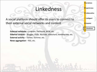 Function of the social platformSocial is not based on direct communication, planning, fixed workflows or central command…… it is based on trails and signals left in the environment, the collaboration platformActivity-streams, persistent conversations and bookmarks, explicit social structures, collaborative documents. Things co-workers can stumble upon, triggering collaboration. Self-organizing mass collaboration. Totally decoupled and ‘unorganized’.The platform facilitates social processes