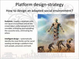 OrganicA social platform allows its communities to form their own structures, to self-organizeFree grouping – people can form, join and leave groups themselves, easilyOrganic groups – the system automatically forms groups based on the social graphFree tagging – people can tag all content, building a folksonomyAutomated SNA – allow people to travel en utilize their social networks easily