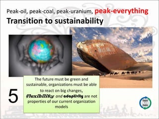 Peak-oil, peak-coal, peak-uranium, peak-everythingTransition to sustainabilityThe future must be green and sustainable, organizations must be able to react on big changes, flexibility  andadaptivity are not properties of our current organization models5