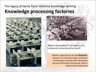 The legacy of Taylor and Ford: intensive knowledge farmingKnowledge processing factoriesWhat is the problem? Can inabilities this fundamental and profound be solved? Modern organizations are like factories,based on an industrial model (Taylorism). And that’s  limiting when working with information because information-processing  doesn’t require physical presence