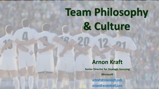 Team Philosophy
& Culture
Arnon Kraft
Senior Director for Strategic Sourcing
Microsoft
arkraft@microsoft.com
arnon@arnonkraft.com
 