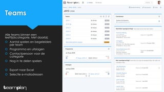 Teams
Alle teams binnen een
leeftijdscategorie. Met daarbij:
š Aantal spelers en begeleiders
per team
š Programma en uitslagen
š Contactpersoon voor de
categorie
š Nog in te delen spelers
š Export naar Excel
š Selectie e-mailadressen
 