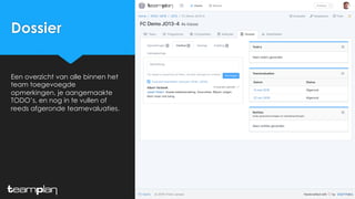 Dossier
Een overzicht van alle binnen het
team toegevoegde
opmerkingen, je aangemaakte
TODO’s, en nog in te vullen of
reeds afgeronde teamevaluaties.
 