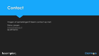 Contact
Vragen of opmerkingen? Neem contact op met:
Thimo Jansen
thimo@defrog.nl
06-39754751
 