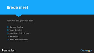 Brede inzet
TeamPlan is te gebruiken door:
š De teamleiding
š Team Scouting
š Leeftijdscoördinatoren
š Het bestuur
š Alle spelers en ouders
 