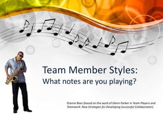 Team Member Styles:
What notes are you playing?

       Dianne Rees (based on the work of Glenn Parker in Team Players and
       Teamwork: New Strategies for Developing Successful Collaboration)
 