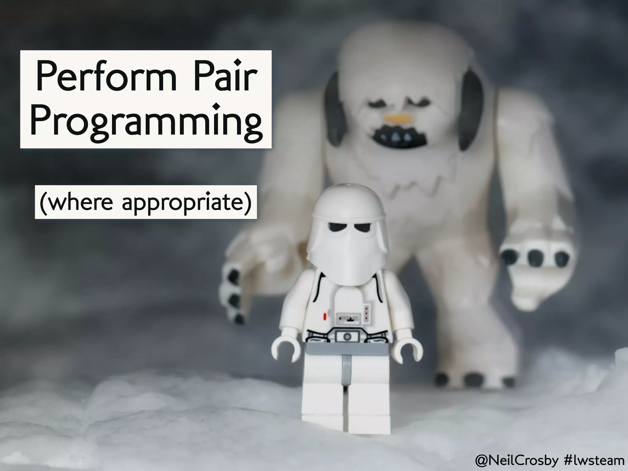 Perform Pair
Programming
(where appropriate)




                      @NeilCrosby #lwsteam
 