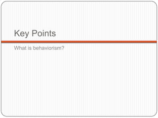 Did not like using humans as subjects, so he studied animals, since he was more comfortable with them.Ivan PavlovSpecialized and known for researching the digestive process, leading to his experiments on the relationship between the nervous system and the automatic body functions.Came up with the conditioned reflex, which is learned through positive and negative stimuli.Ex. Well known for making dogs salivate over food without there even being food present.Edward ThorndikeB.F. SkinnerDeveloped operant conditioning within behaviorism.This involves learning from consequences of our behavior.Studied learning in animals, mostly cats.His theory is based also on operant conditioning.He built his theory from Edward Thorndike’s.Developed the “Skinner Box”