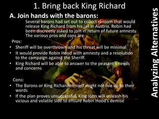 1. Bring back King Richard
A. Join hands with the barons:
Several barons had set out to collect ransom that would
release King Richard from his jail in Austria. Robin had
been discreetly asked to join in return of future amnesty.
The various pros and cons are:
Pros:
• Sheriff will be overthrown and his threat will be minimal
• It would provide Robin Hood with amnesty and a resolution
to the campaign against the Sheriff.
• King Richard will be able to answer to the peasant’s needs
and concerns
Cons:
• The Barons or King Richard himself might not live up to their
words
• If the plan proves unsuccessful, King John will unleash his
vicious and volatile side to ensure Robin Hood’s demise
AnalyzingAlternatives
 