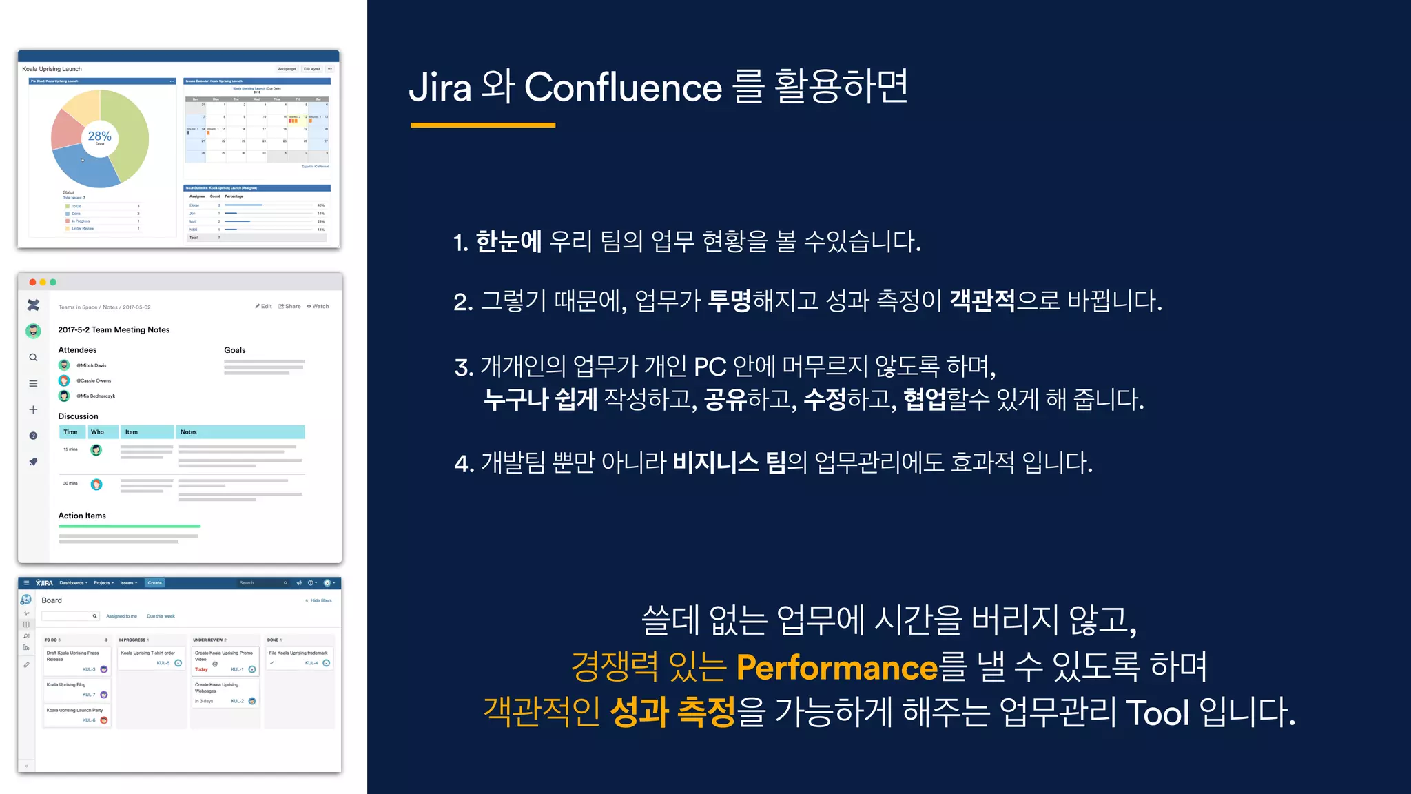 1. 한눈에 우리 팀의 업무 현황을 볼 수있습니다.
3. 개개인의 업무가 개인 PC 안에 머무르지 않도록 하며,
누구나 쉽게 작성하고, 공유하고, 수정하고, 협업할수 있게 해 줍니다.
쓸데 없는 업무에 시간을 버리지 않고,
경쟁력 있는 Performance를 낼 수 있도록 하며
객관적인 성과 측정을 가능하게 해주는 업무관리 Tool 입니다.
2. 그렇기 때문에, 업무가 투명해지고 성과 측정이 객관적으로 바뀝니다.
4. 개발팀 뿐만 아니라 비지니스 팀의 업무관리에도 효과적 입니다.
Jira 와 Confluence 를 활용하면
 