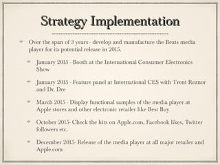 Strategy ImplementationStrategy Implementation
Over the span of 3 years - develop and manufacture the Beats media
player for its potential release in 2015.
January 2015 - Booth at the International Consumer Electronics
Show
January 2015 - Feature panel at International CES with Trent Reznor
and Dr. Dre
March 2015 - Display functional samples of the media player at
Apple stores and other electronic retailer like Best Buy
October 2015- Check the hits on Apple.com, Facebook likes, Twitter
followers etc.
December 2015- Release of the media player at all major retailer and
Apple.com
 
