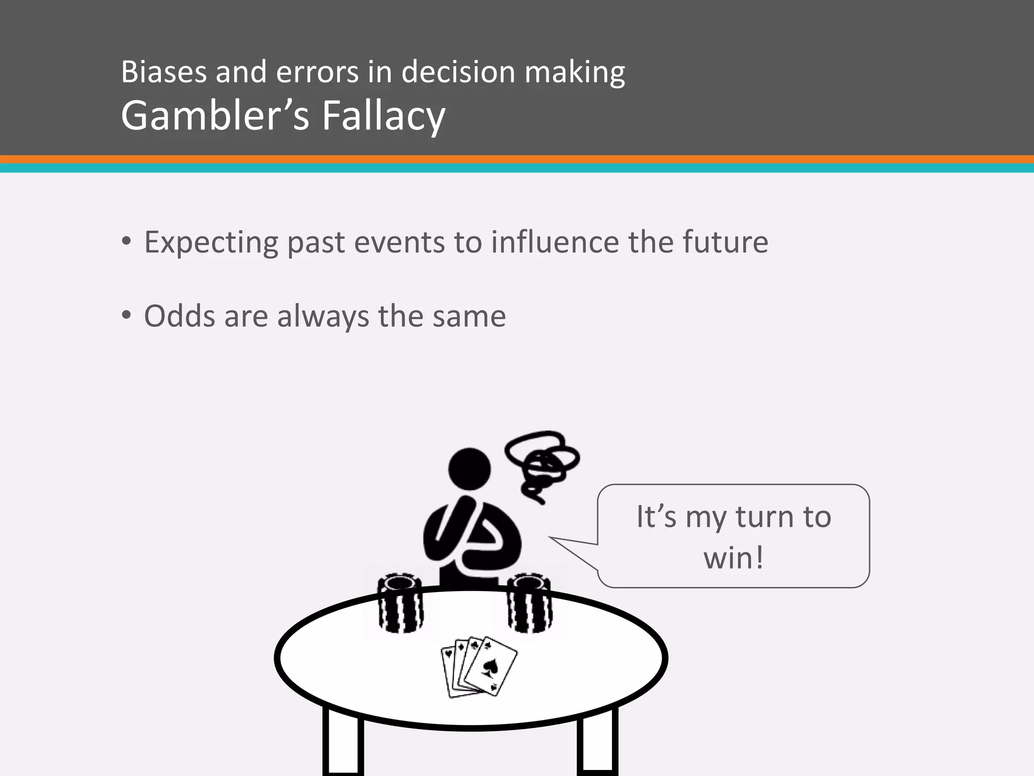 Biases and errors in decision making
Gambler’s Fallacy
• Expecting past events to influence the future
• Odds are always the same
It’s my turn to
win!
 