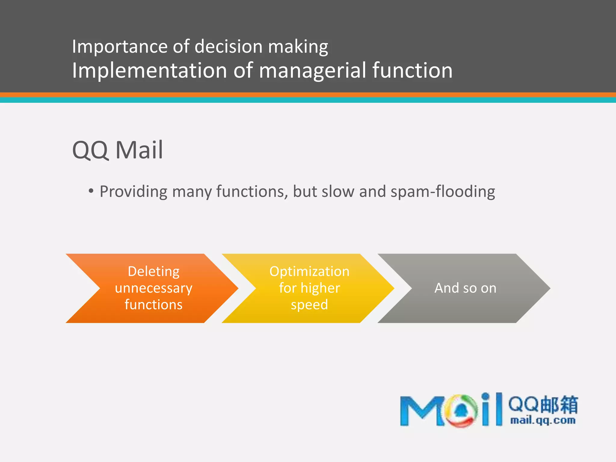 Importance of decision making
Implementation of managerial function
QQ Mail
• Providing many functions, but slow and spam-flooding
Deleting
unnecessary
functions
Optimization
for higher
speed
And so on
 
