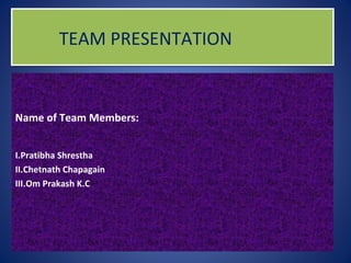 TEAM PRESENTATIONTEAM PRESENTATION
Name of Team Members:
I.Pratibha Shrestha
II.Chetnath Chapagain
III.Om Prakash K.C
 