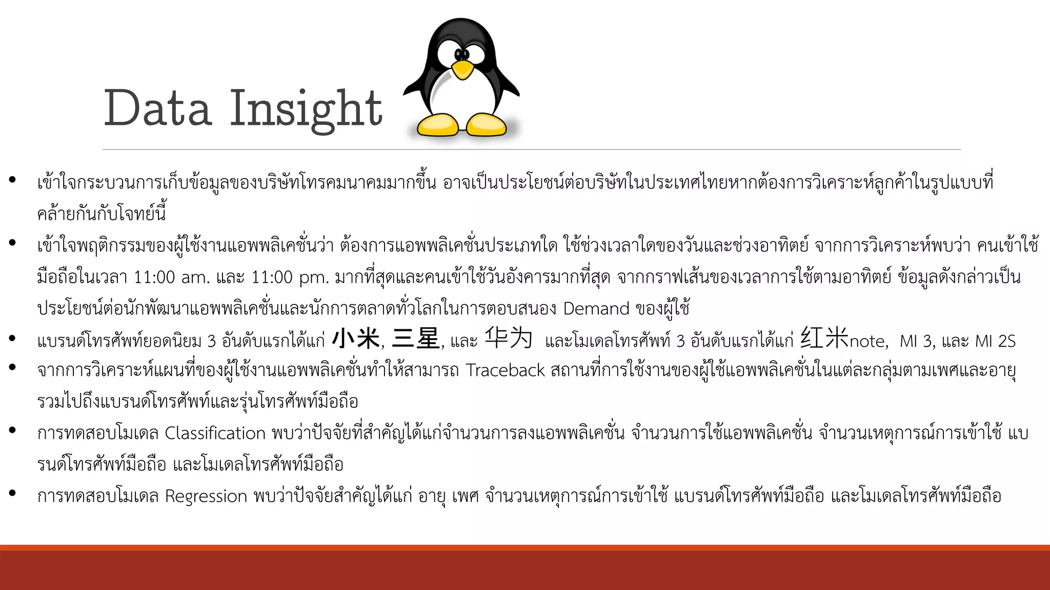 • เข้าใจกระบวนการเก็บข้อมูลของบริษัทโทรคมนาคมมากขึ้น อาจเป็นประโยชน์ต่อบริษัทในประเทศไทยหากต้องการวิเคราะห์ลูกค้าในรูปแบบที่
คล้ายกันกับโจทย์นี้
• เข้าใจพฤติกรรมของผู้ใช้งานแอพพลิเคชั่นว่า ต้องการแอพพลิเคชั่นประเภทใด ใช้ช่วงเวลาใดของวันและช่วงอาทิตย์ จากการวิเคราะห์พบว่า คนเข้าใช้
มือถือในเวลา 11:00 am. และ 11:00 pm. มากที่สุดและคนเข้าใช้วันอังคารมากที่สุด จากกราฟเส้นของเวลาการใช้ตามอาทิตย์ ข้อมูลดังกล่าวเป็น
ประโยชน์ต่อนักพัฒนาแอพพลิเคชั่นและนักการตลาดทั่วโลกในการตอบสนอง Demand ของผู้ใช้
• แบรนด์โทรศัพท์ยอดนิยม 3 อันดับแรกได้แก่ 小米, 三星, และ 华为 และโมเดลโทรศัพท์ 3 อันดับแรกได้แก่ 红米note, MI 3, และ MI 2S
• จากการวิเคราะห์แผนที่ของผู้ใช้งานแอพพลิเคชั่นทาให้สามารถ Traceback สถานที่การใช้งานของผู้ใช้แอพพลิเคชั่นในแต่ละกลุ่มตามเพศและอายุ
รวมไปถึงแบรนด์โทรศัพท์และรุ่นโทรศัพท์มือถือ
• การทดสอบโมเดล Classification พบว่าปัจจัยที่สาคัญได้แก่จานวนการลงแอพพลิเคชั่น จานวนการใช้แอพพลิเคชั่น จานวนเหตุการณ์การเข้าใช้ แบ
รนด์โทรศัพท์มือถือ และโมเดลโทรศัพท์มือถือ
• การทดสอบโมเดล Regression พบว่าปัจจัยสาคัญได้แก่ อายุ เพศ จานวนเหตุการณ์การเข้าใช้ แบรนด์โทรศัพท์มือถือ และโมเดลโทรศัพท์มือถือ
 