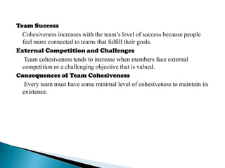 Team Success   Cohesiveness increases with the team’s level of success because people feel more connected to teams that fulfill their goals.External Competition and Challenges    Team cohesiveness tends to increase when members face external competition or a challenging objective that is valued.Consequences of Team Cohesiveness    Every team must have some minimal level of cohesiveness to maintain its existence.