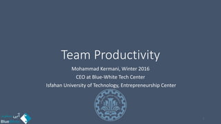 Team Productivity
Mohammad Kermani, Winter 2016
CEO at Blue-White Tech Center
Isfahan University of Technology, Entrepreneurship Center
1
 