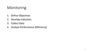 Monitoring
1. Define Objectives
2. Develop Indicators
3. Collect Data
4. Analyze Performance (Efficiency)
18
 