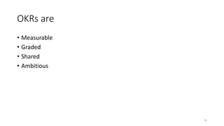 OKRs are
• Measurable
• Graded
• Shared
• Ambitious
35
 