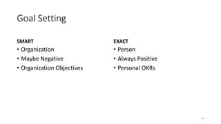 Goal Setting
SMART
• Organization
• Maybe Negative
• Organization Objectives
EXACT
• Person
• Always Positive
• Personal OKRs
40
 