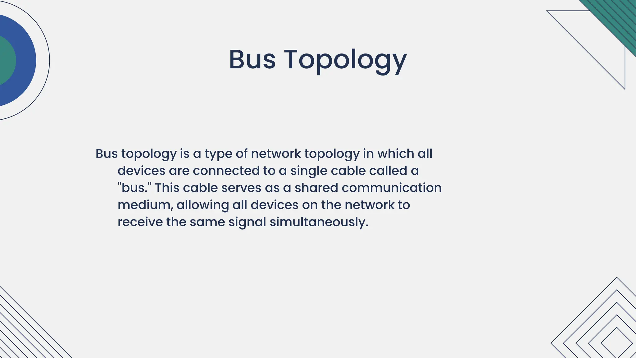 Bus topology is a type of network topology in which all
devices are connected to a single cable called a
"bus." This cable serves as a shared communication
medium, allowing all devices on the network to
receive the same signal simultaneously.
.
Bus Topology
 