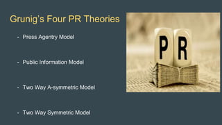 Grunig’s Four PR Theories
- Press Agentry Model
- Public Information Model
- Two Way A-symmetric Model
- Two Way Symmetric Model
 