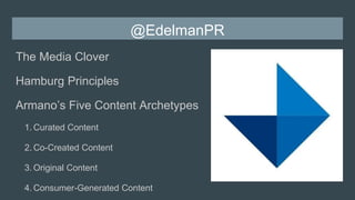 @EdelmanPR
The Media Clover
Hamburg Principles
Armano’s Five Content Archetypes
1. Curated Content
2. Co-Created Content
3. Original Content
4. Consumer-Generated Content
 