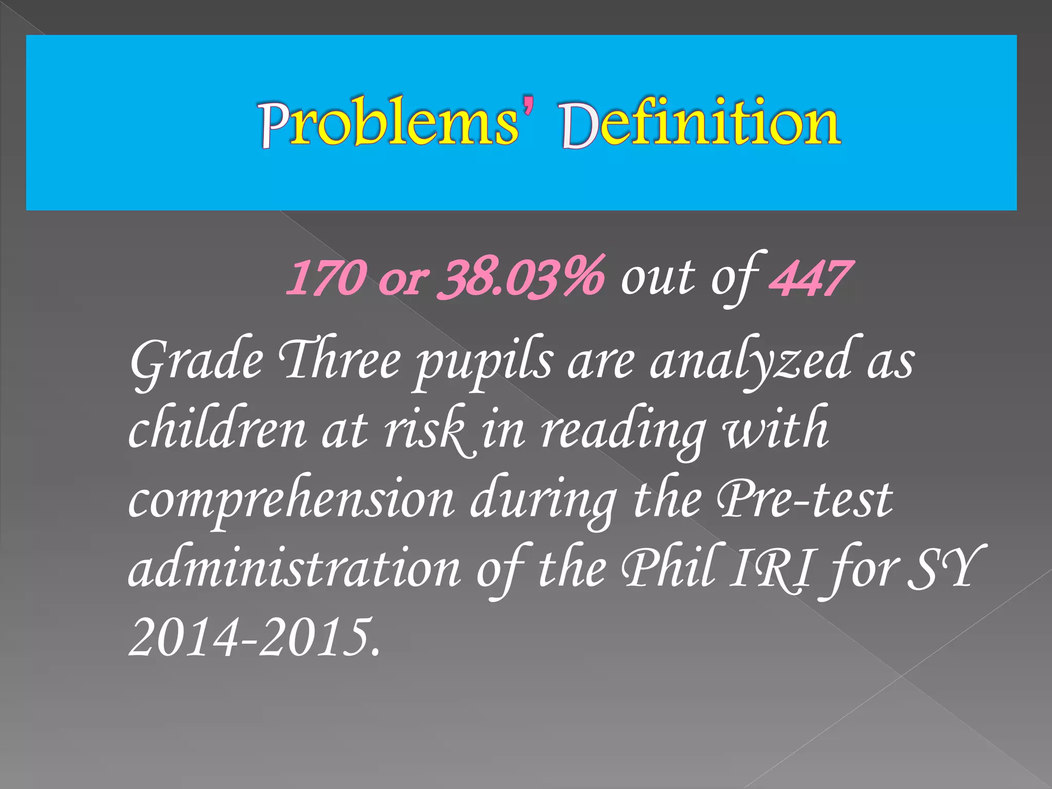 170 or 38.03% out of 447
Grade Three pupils are analyzed as
children at risk in reading with
comprehension during the Pre-test
administration of the Phil IRI for SY
2014-2015.
 