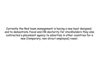 Currently the Red team management is having a new boat designed;
and to demostrate fiscal and HR dexterity for stockholders they also
 contracted a placement agency to advertise in other countries for a
            new (temporary, non-direct employee) rower.
 