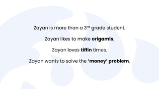 Zayan is more than a 3rd grade student.
Zayan likes to make origamis.
Zayan loves tiffin times.
Zayan wants to solve the ‘...